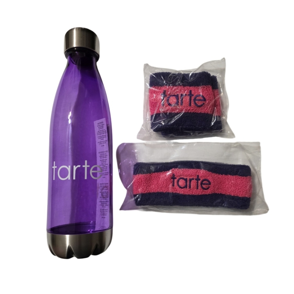 Tarte Pink and Purple Sweatbands Head and Wrist plus 25 oz Water Bottle
